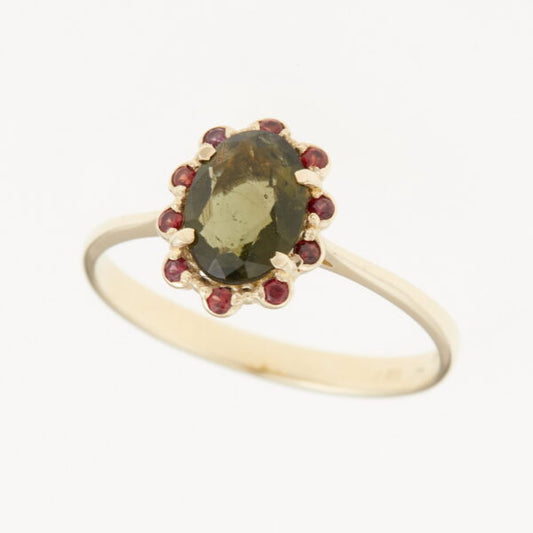 Anello d'oro con moldavite e granati 3420