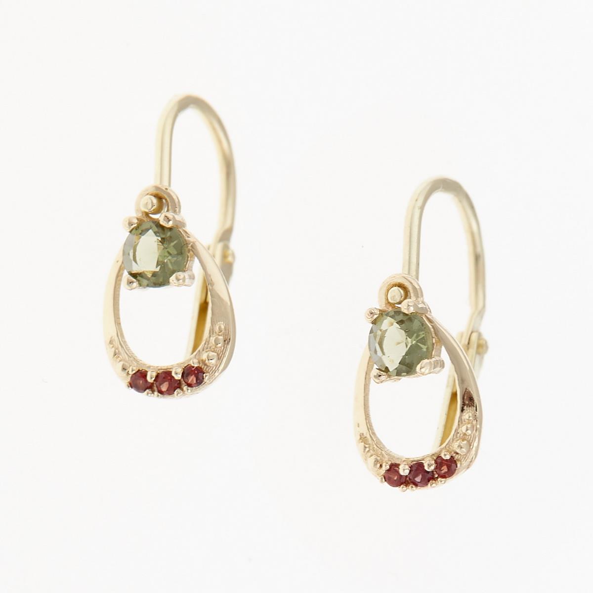 Golden children's earrings with moldavites and garnets AUVGD07-5