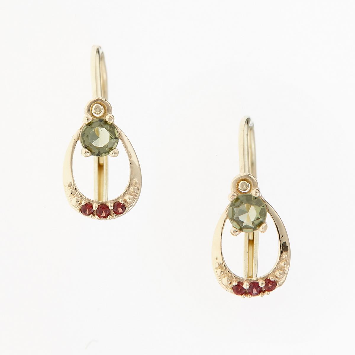 Golden children's earrings with moldavites and garnets AUVGD07-5