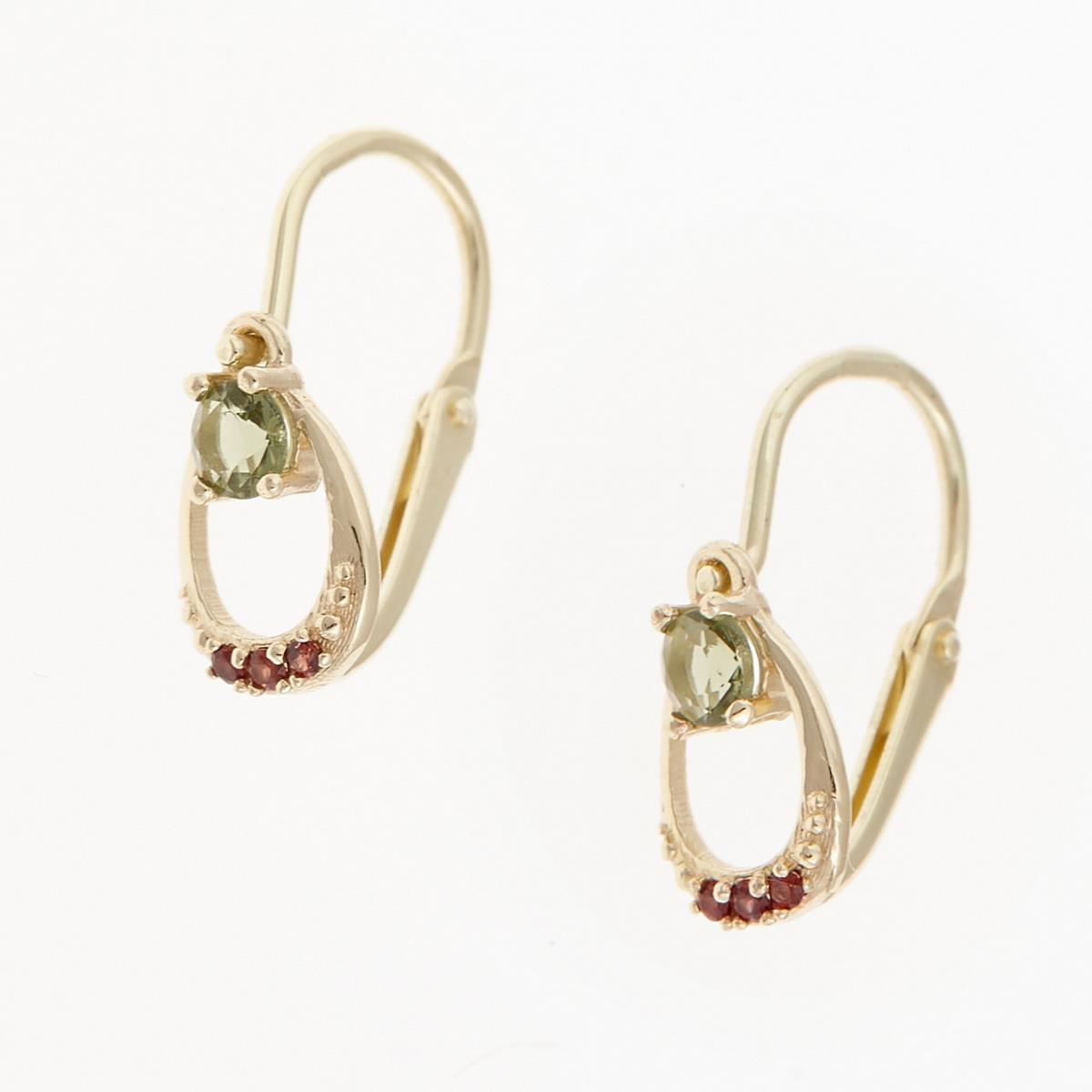 Golden children's earrings with moldavites and garnets AUVGD07-5