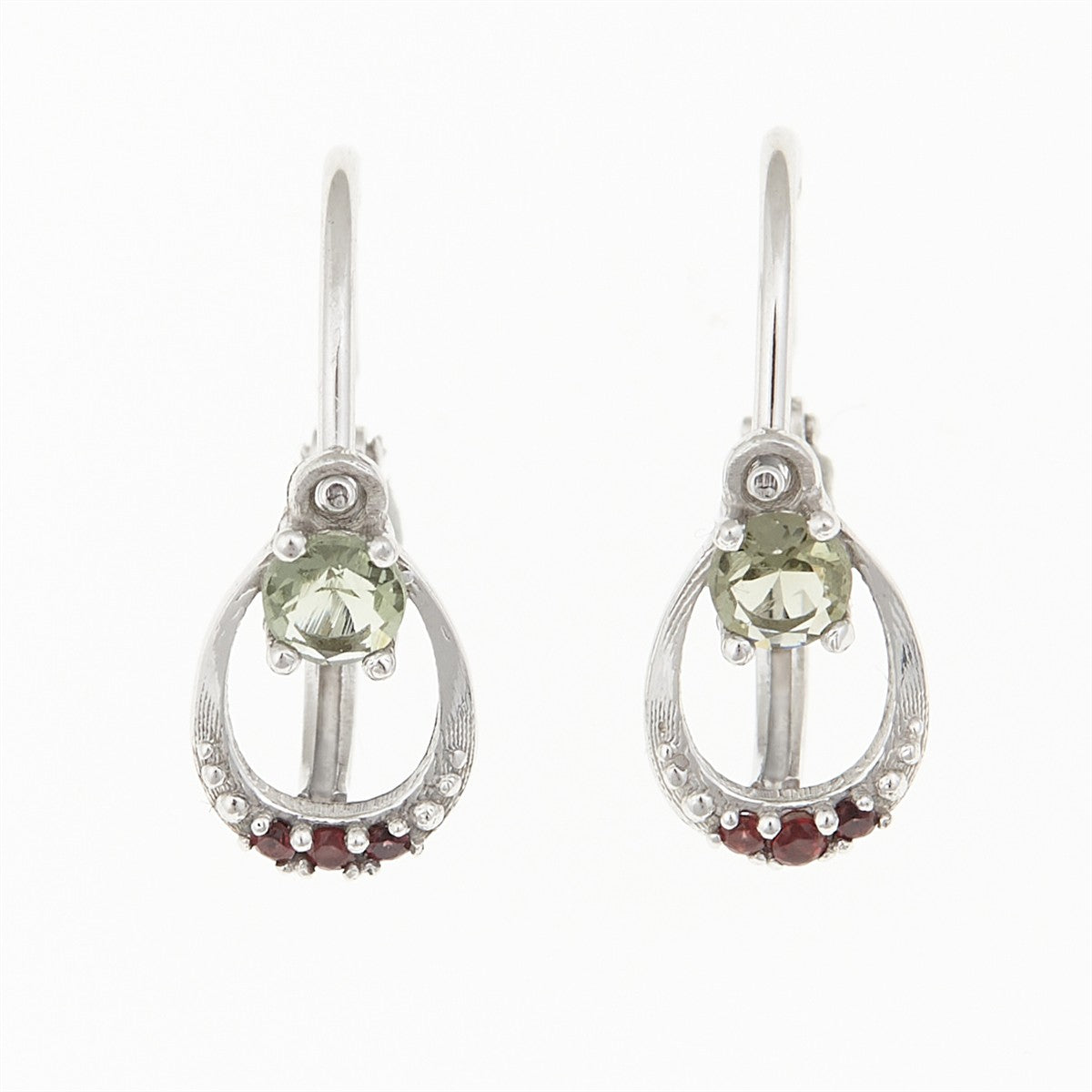 Golden children's earrings with moldavites and garnets AUVGD07-5
