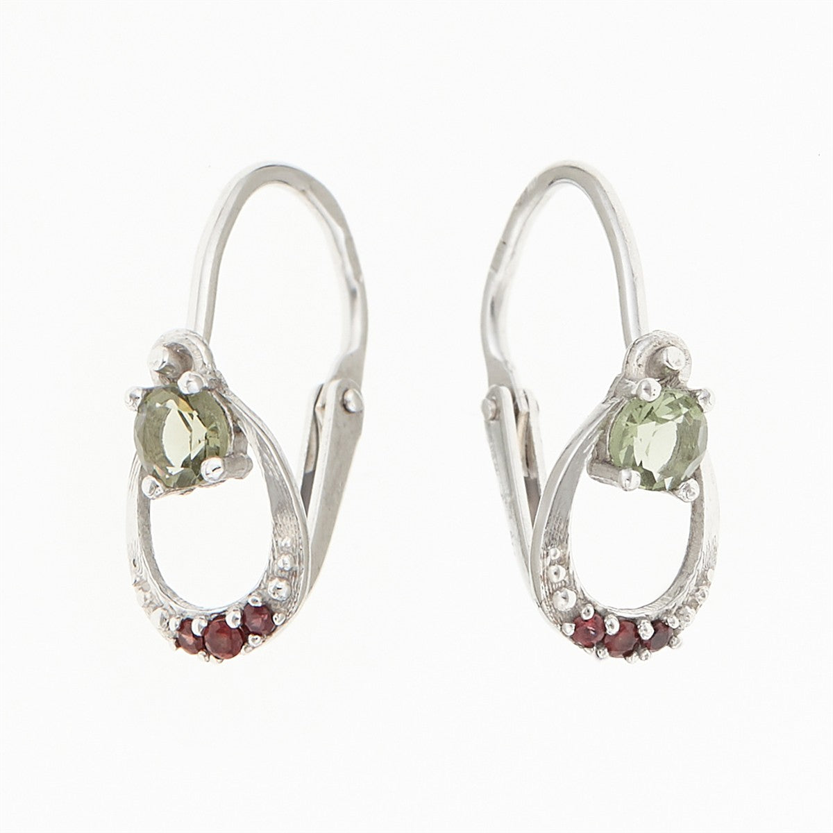Golden children's earrings with moldavites and garnets AUVGD07-5