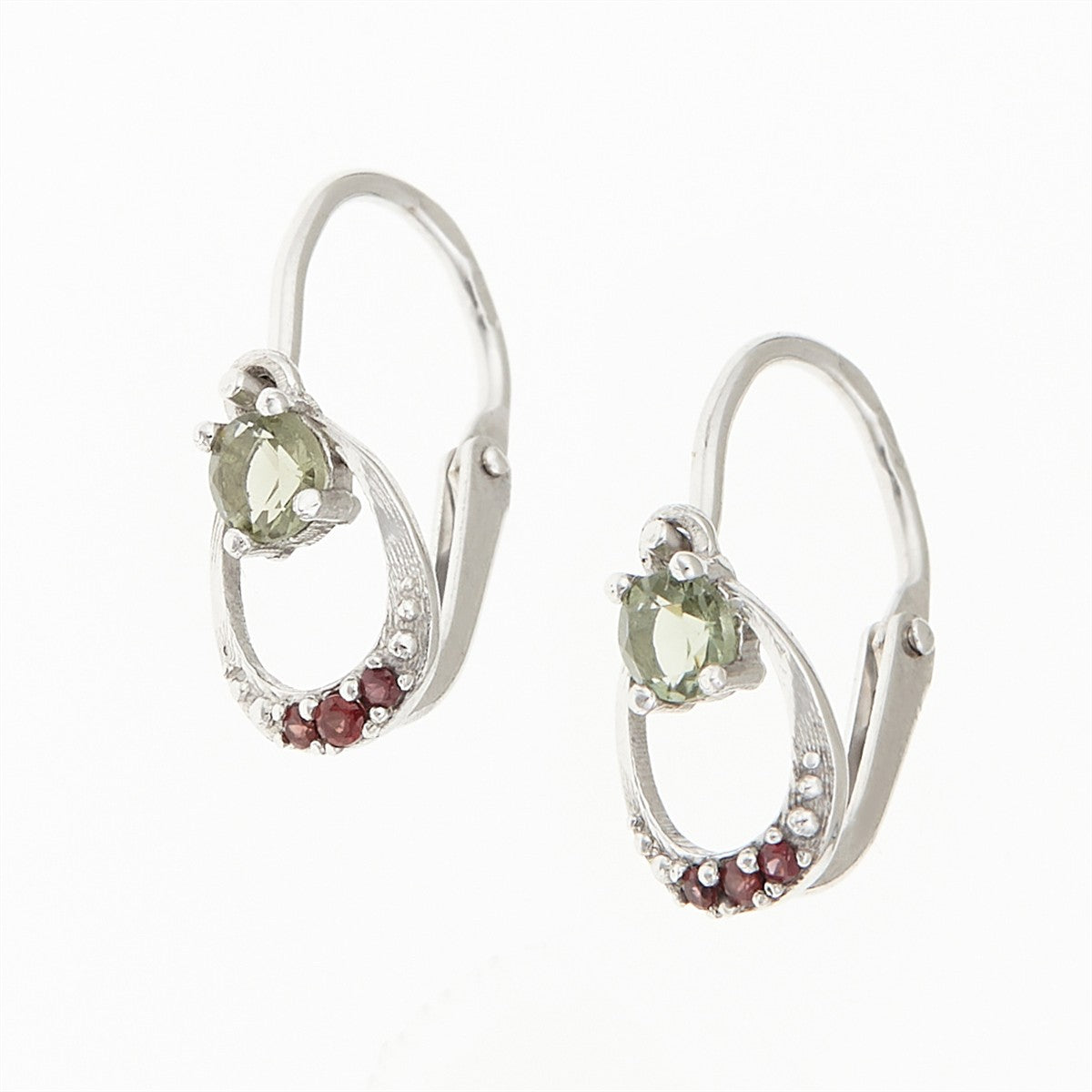 Golden children's earrings with moldavites and garnets AUVGD07-5
