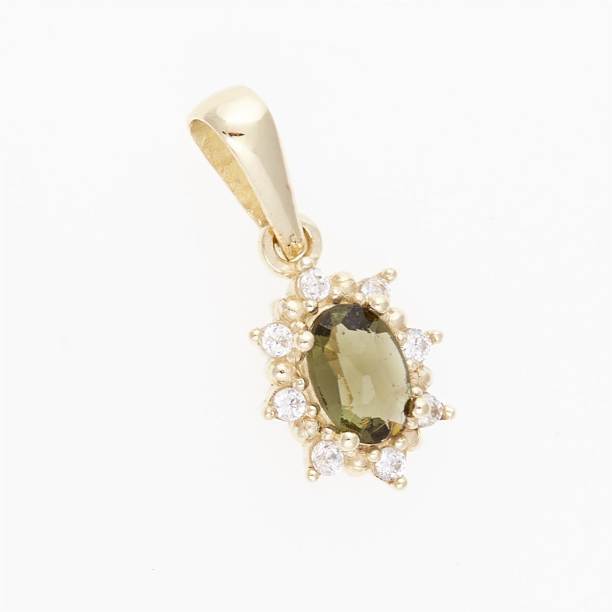 Pendente in oro giallo con moldavite ovale faccettata verde oliva circondata da zirconi bianchi a raggiera