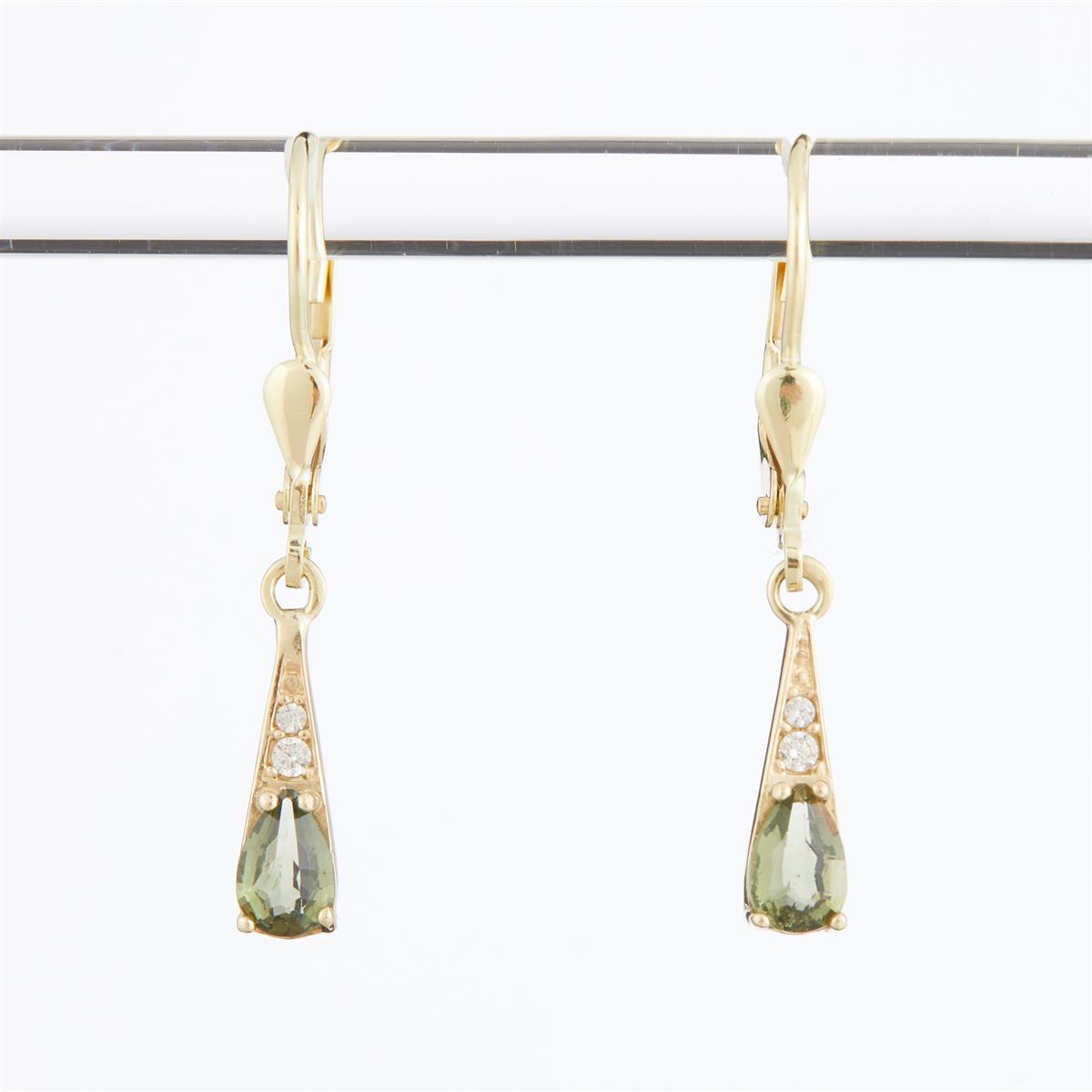 Golden earrings with moldavites and zirconia 2002-4