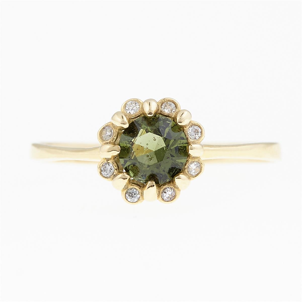 Golden ring with moldavite and zirconia 3125