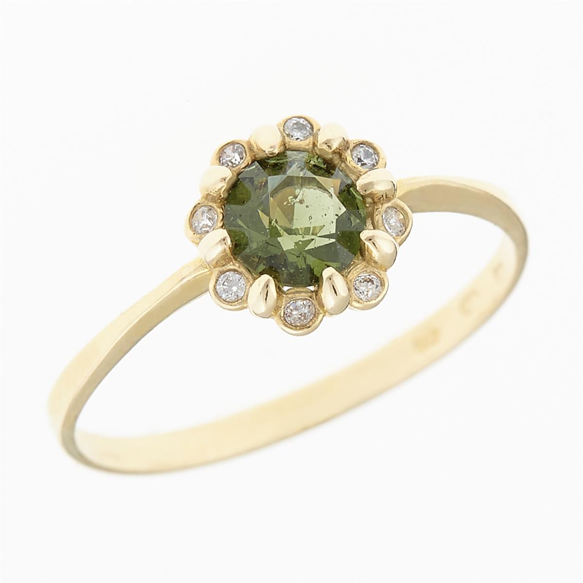 Golden ring with moldavite and zirconia 3125