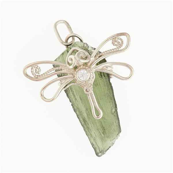 Ciondolo in argento con moldavite e zirconi - libellula DR10412