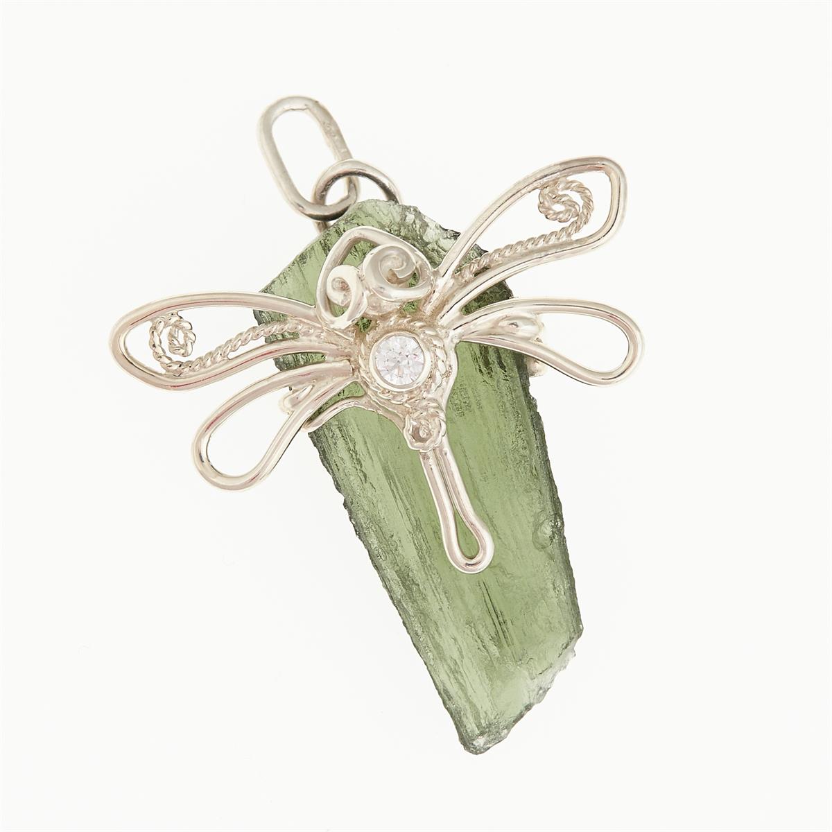 Silver pendant with moldavite and zirconia - dragonfly DR10412
