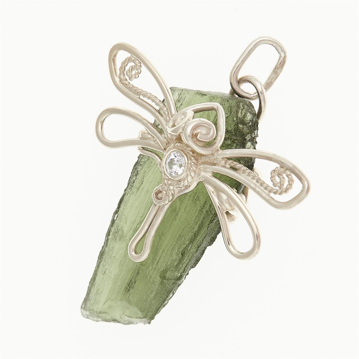 Silver pendant with moldavite and zirconia - dragonfly DR10412