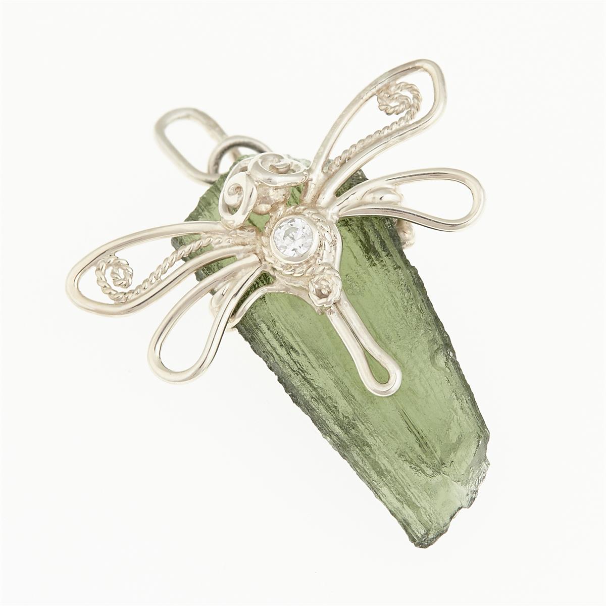 Silver pendant with moldavite and zirconia - dragonfly DR10412