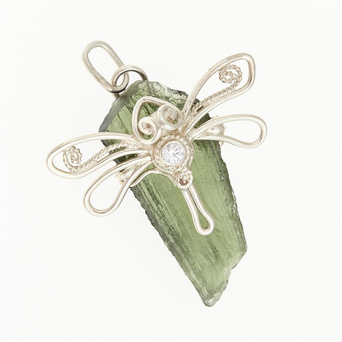 Silver pendant with moldavite and zirconia - dragonfly DR10412