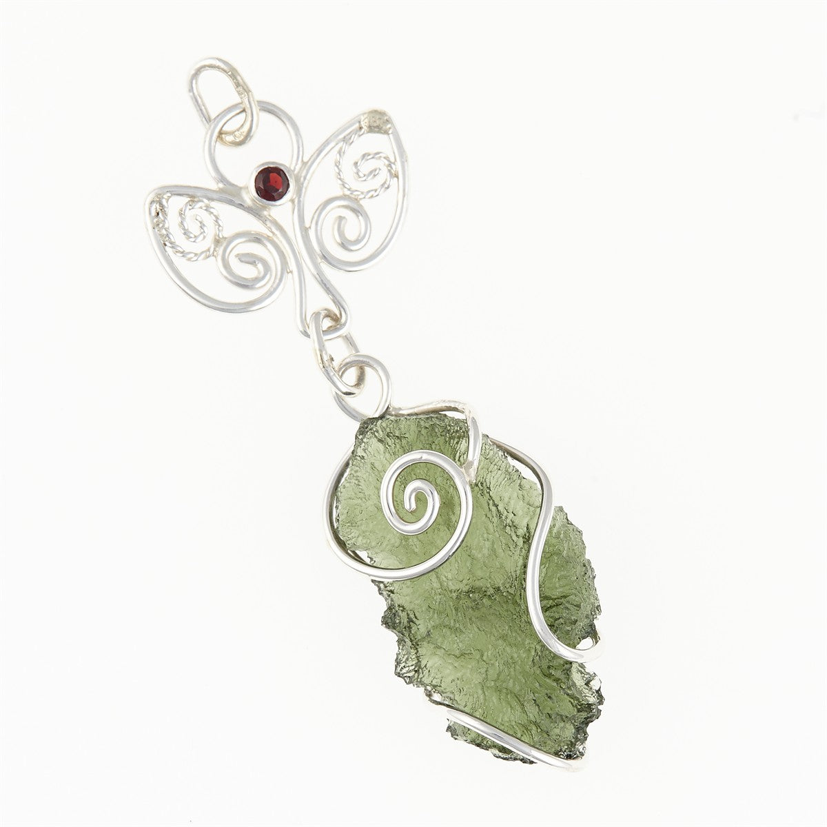 Silver pendant with moldavite and garnet - 11037