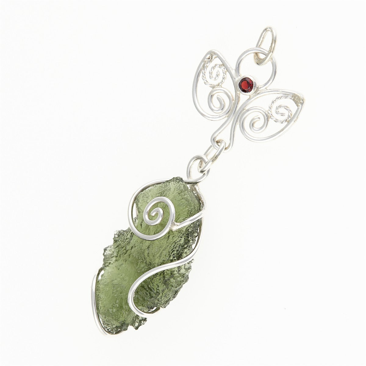 Silver pendant with moldavite and garnet - 11037