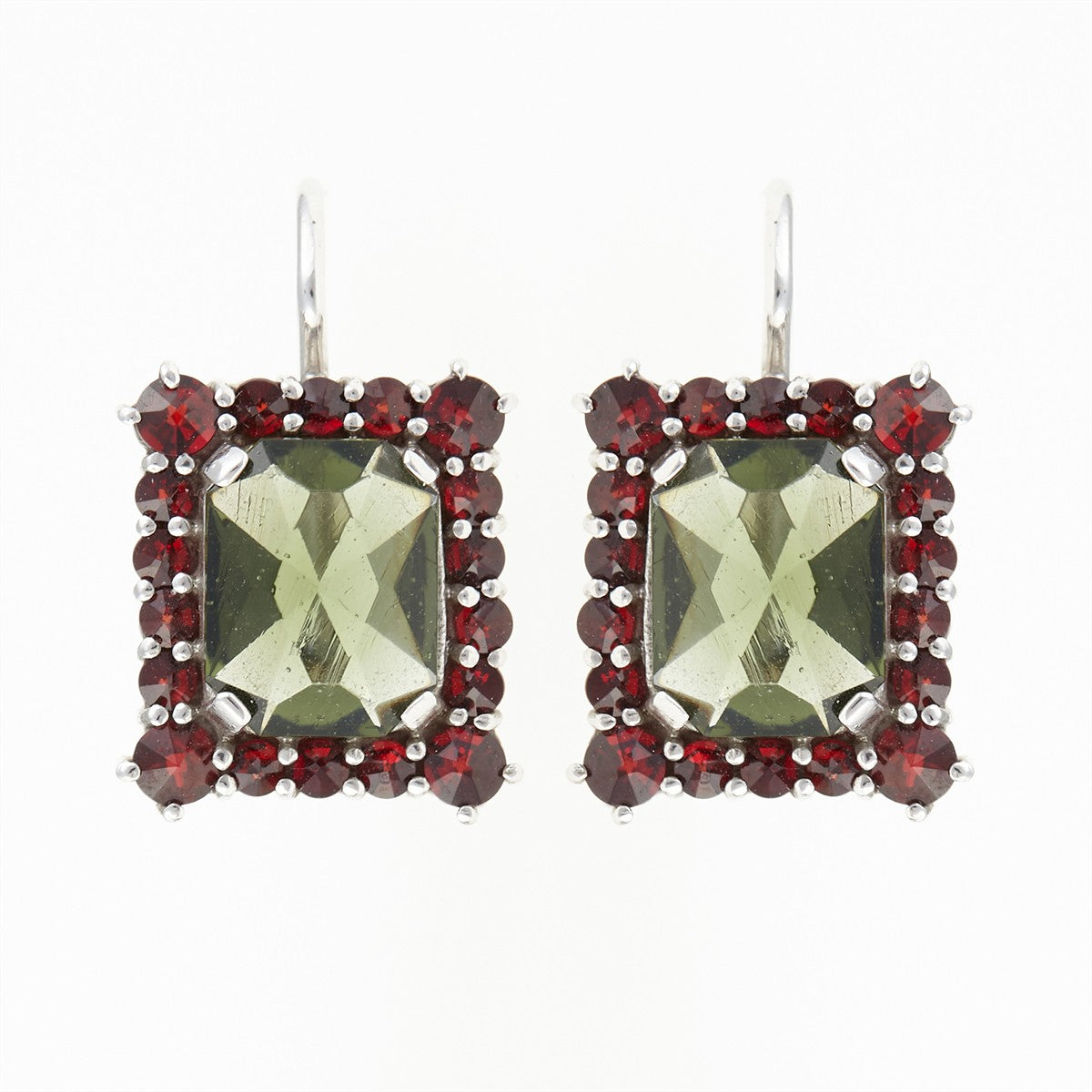 Silver earrings with moldavites and garnets 001G