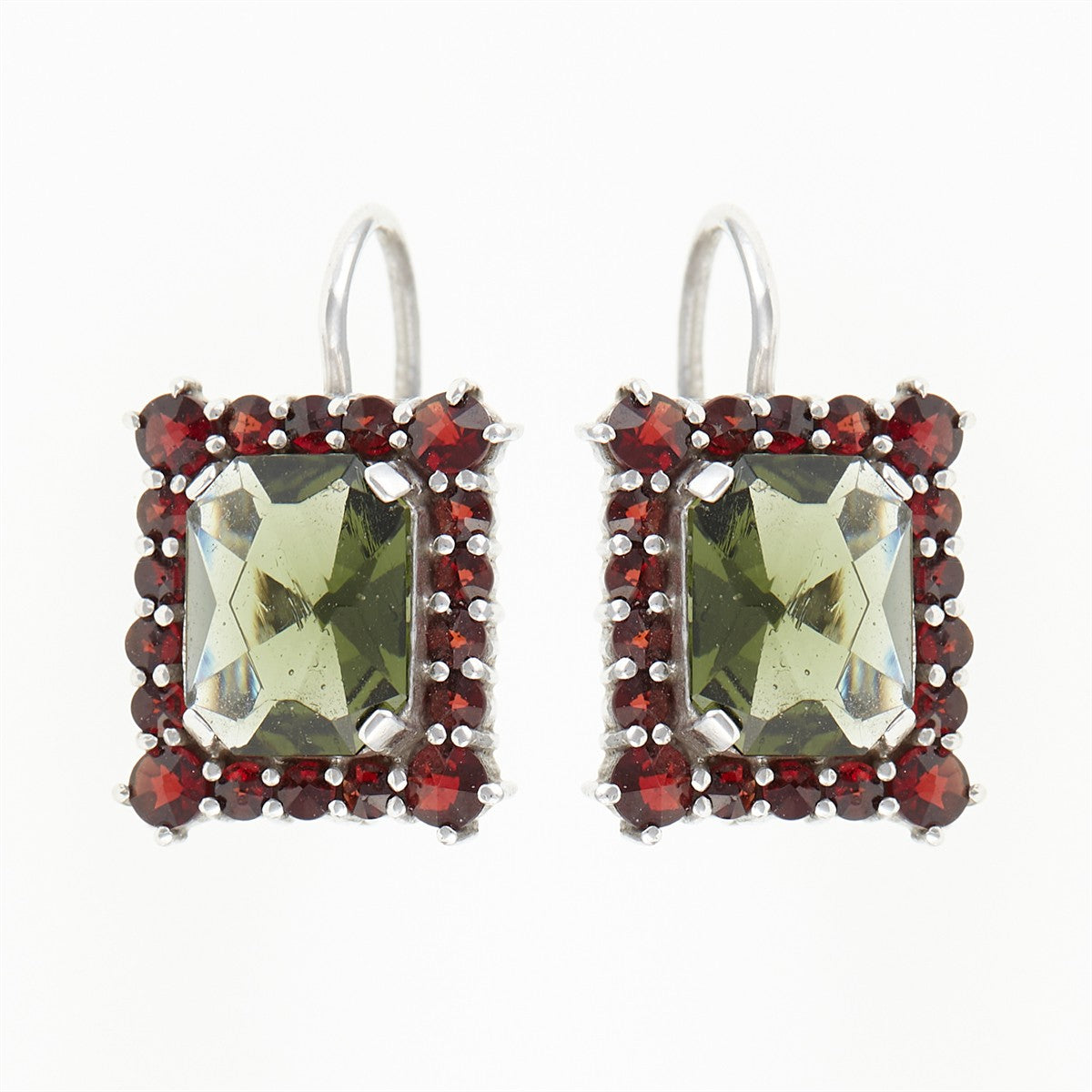 Silver earrings with moldavites and garnets 001G