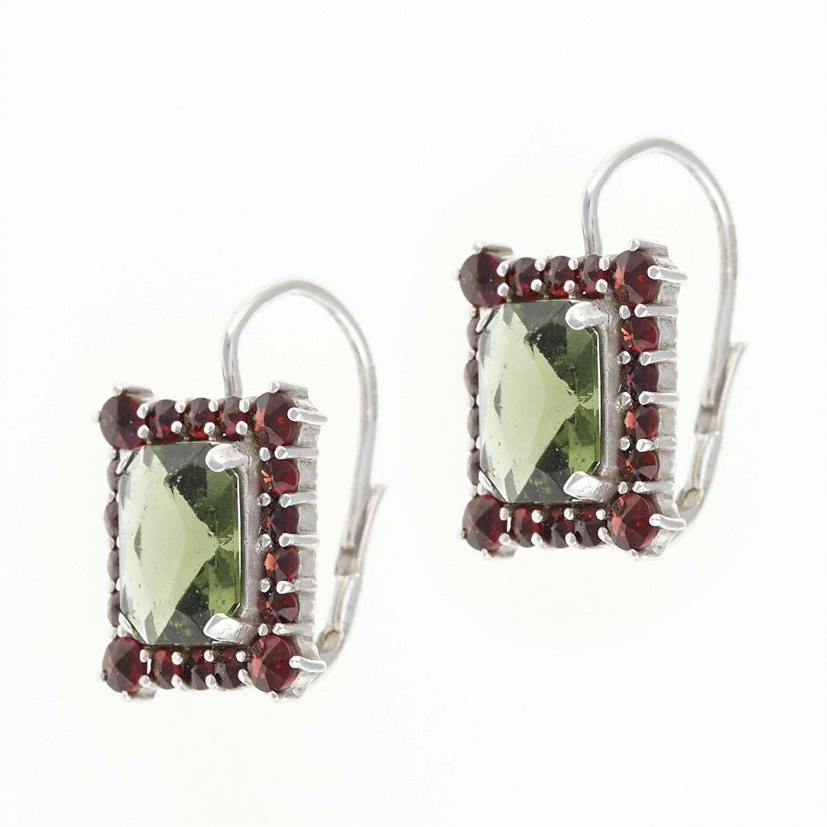 Silver earrings with moldavites and garnets 001G