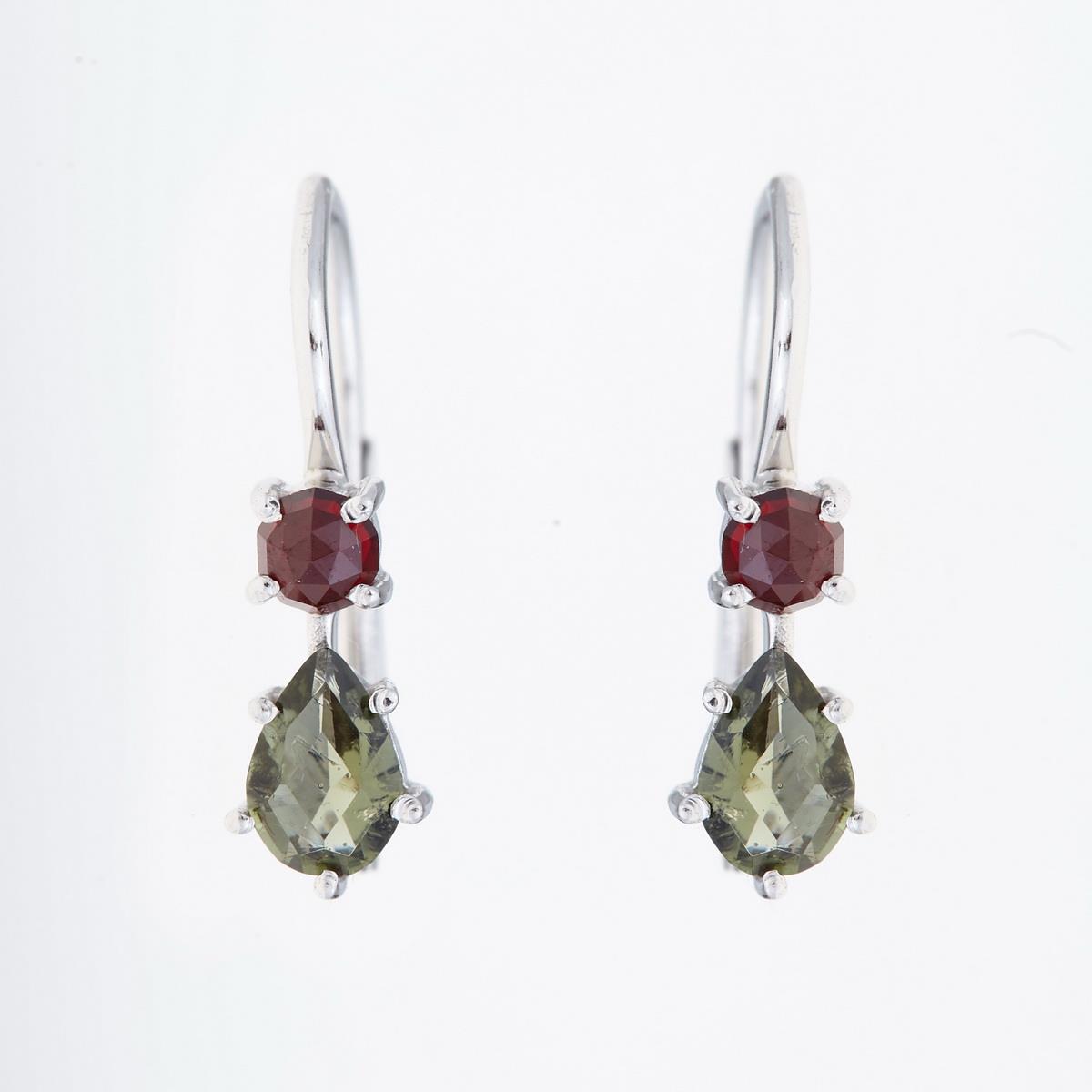 Silver earrings with moldavites and garnets 5538-2