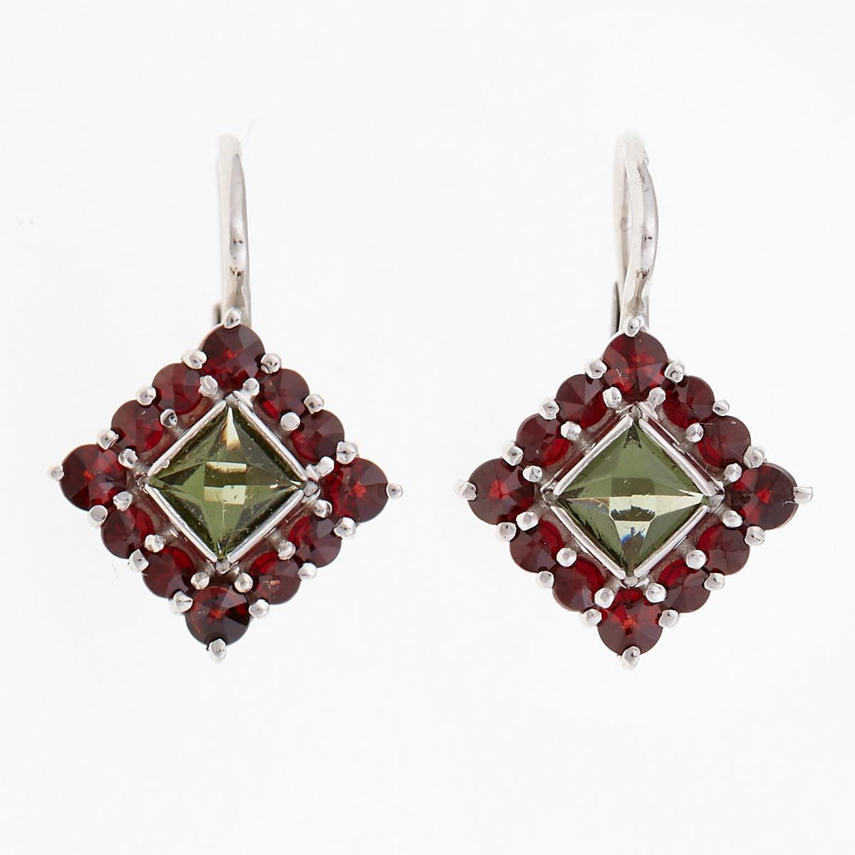 Silver earrings with moldavites and garnets 9022