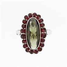 Silver ring with moldavite and garnets 007