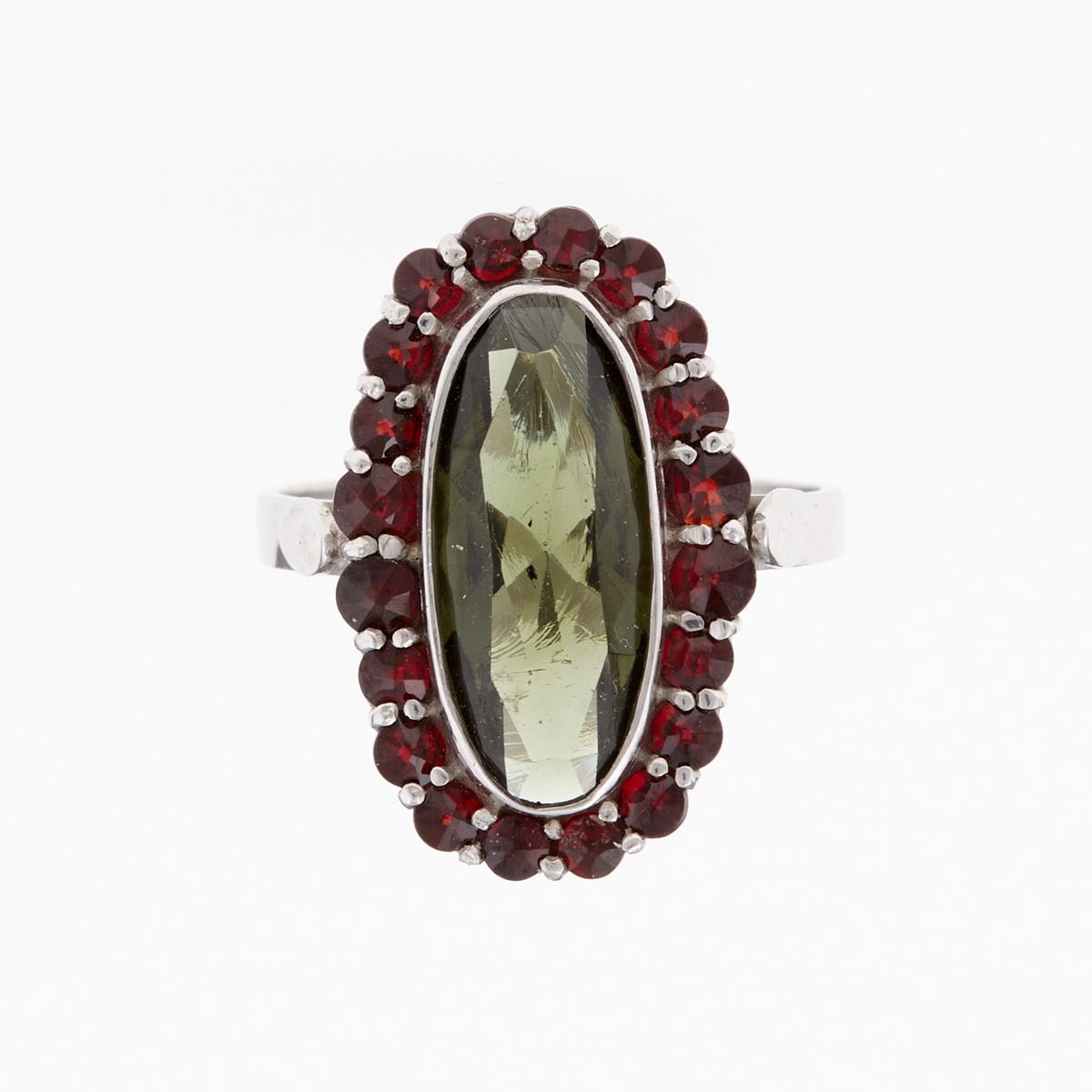Silver ring with moldavite and garnets 007