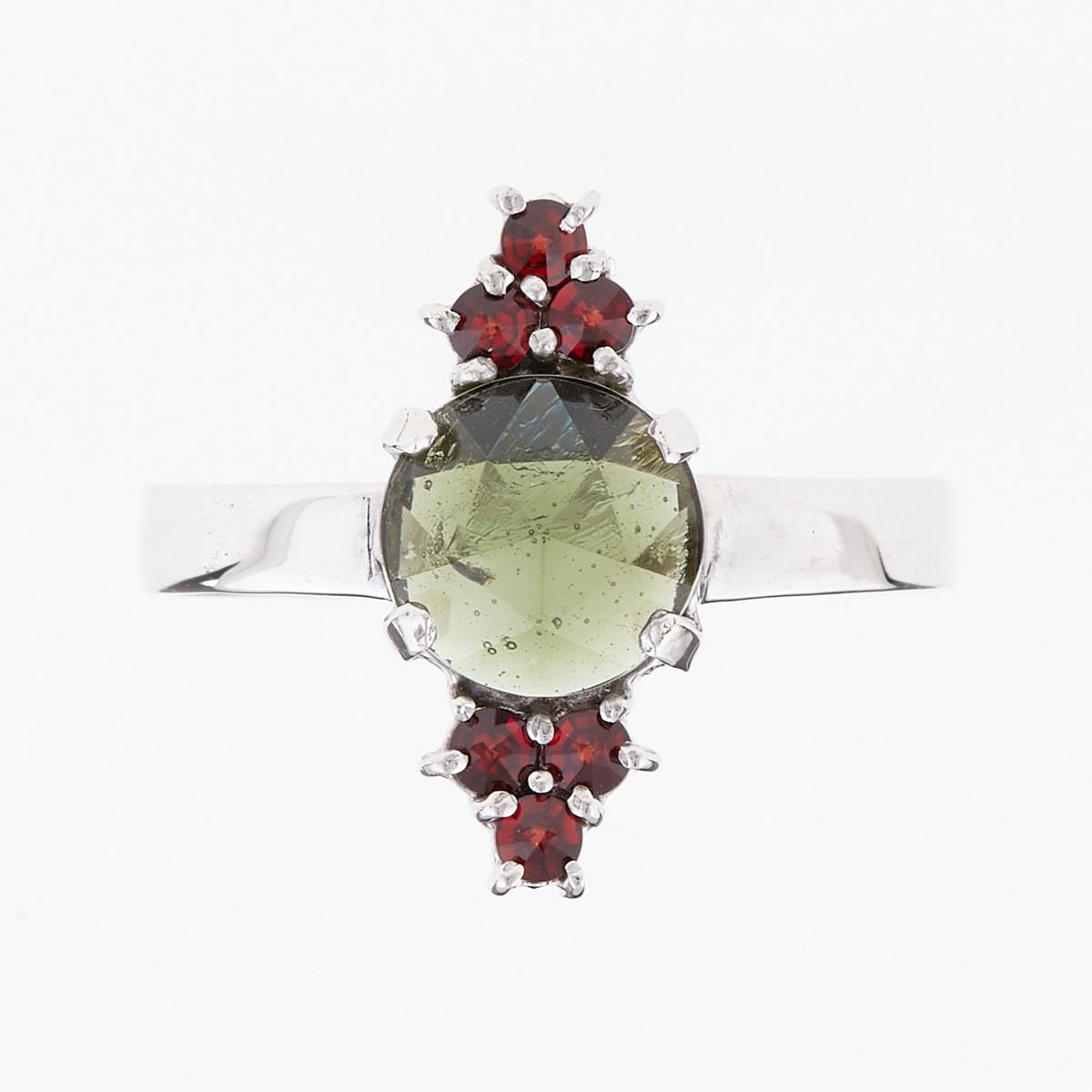 Silver ring with moldavite and garnets 2M