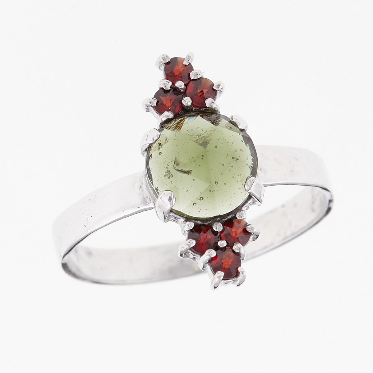 Silver ring with moldavite and garnets 2M