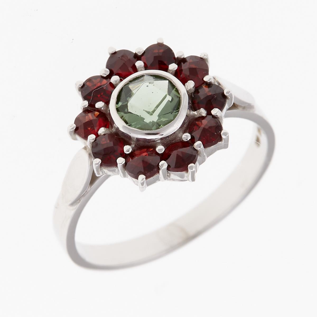 Silver ring with moldavite and garnets 9014