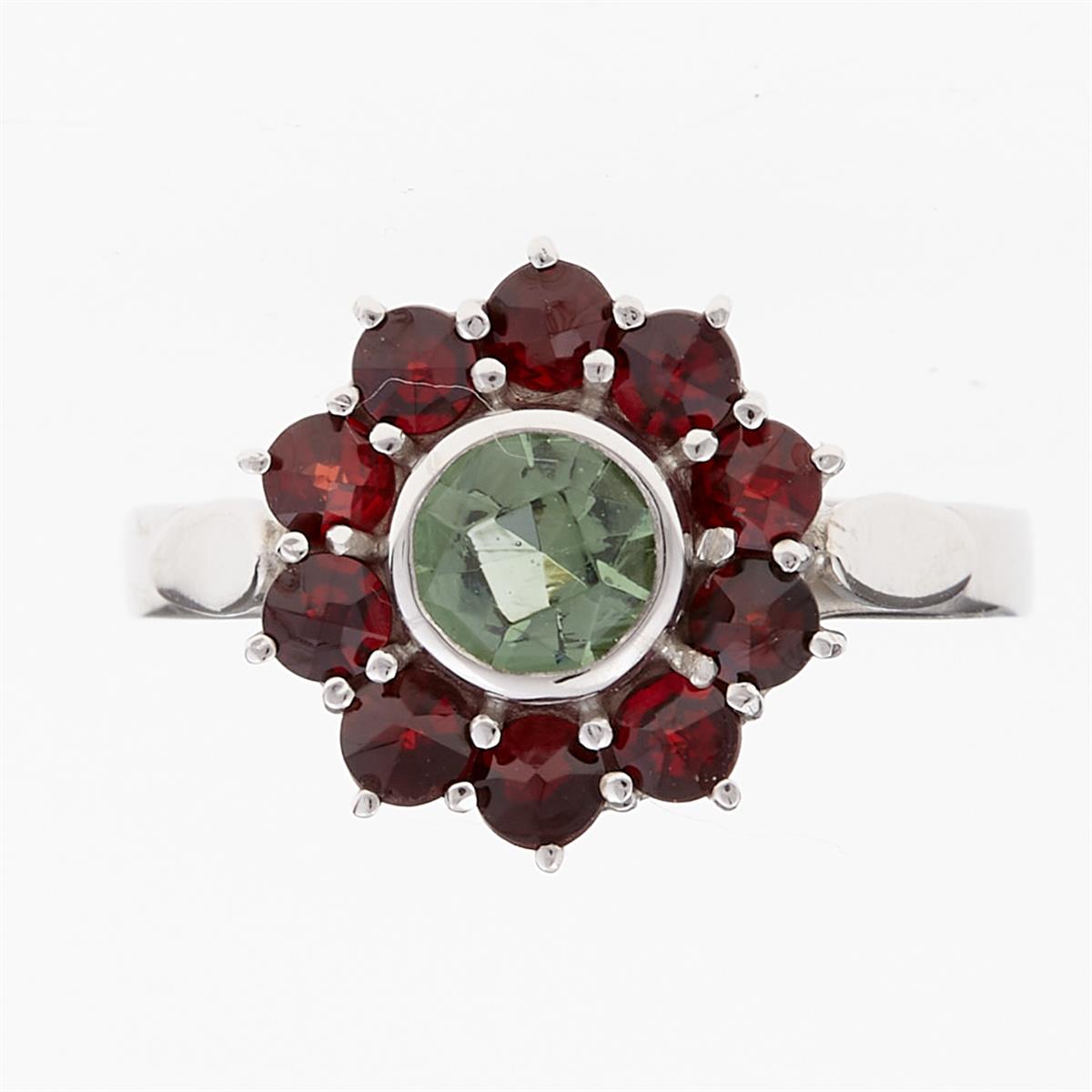 Silver ring with moldavite and garnets 9014