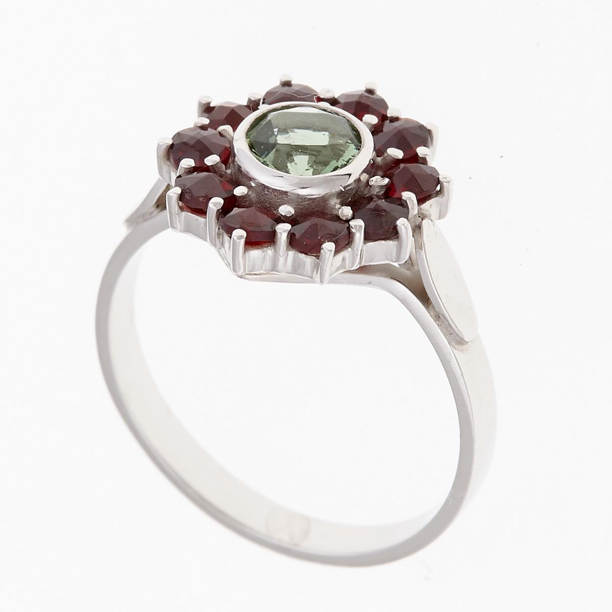 Silver ring with moldavite and garnets 9014