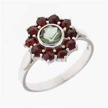 Anello in argento con moldavite e granati 9014