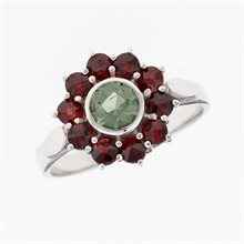 Anello in argento con moldavite e granati 9014