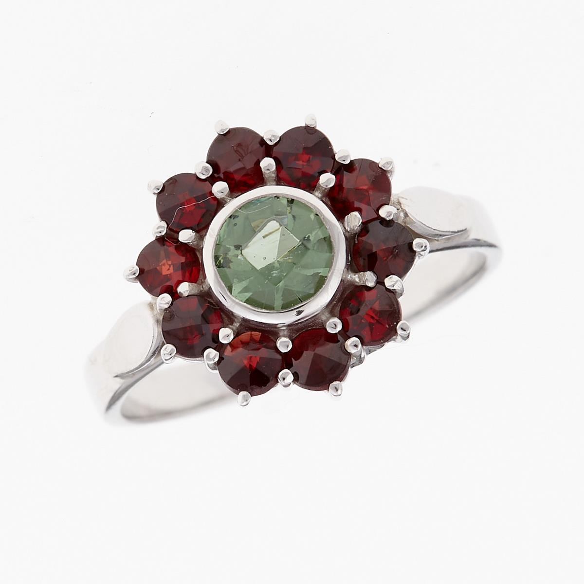 Silver ring with moldavite and garnets 9014