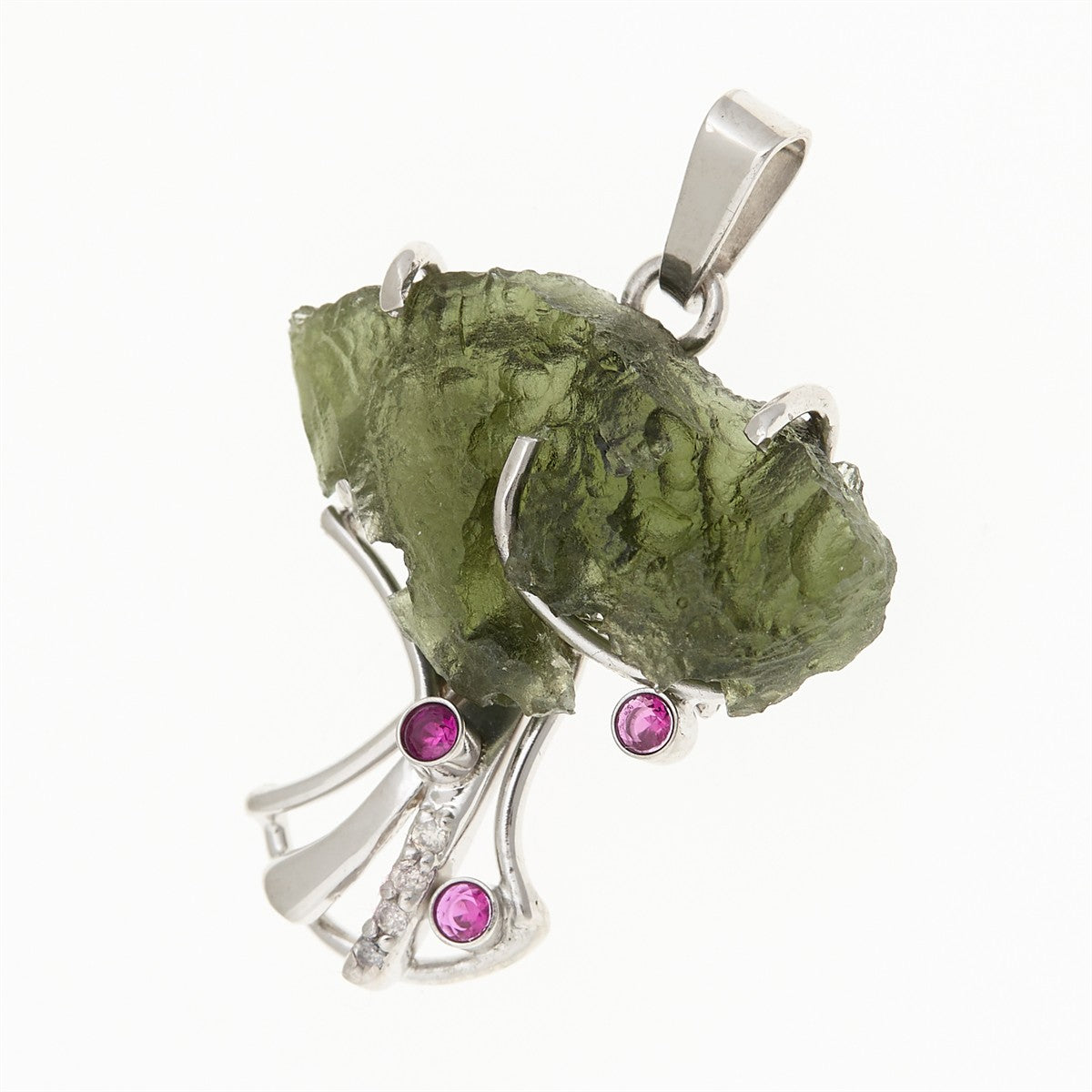 Silver pendant with moldavite and zircons – Tree of life 9598