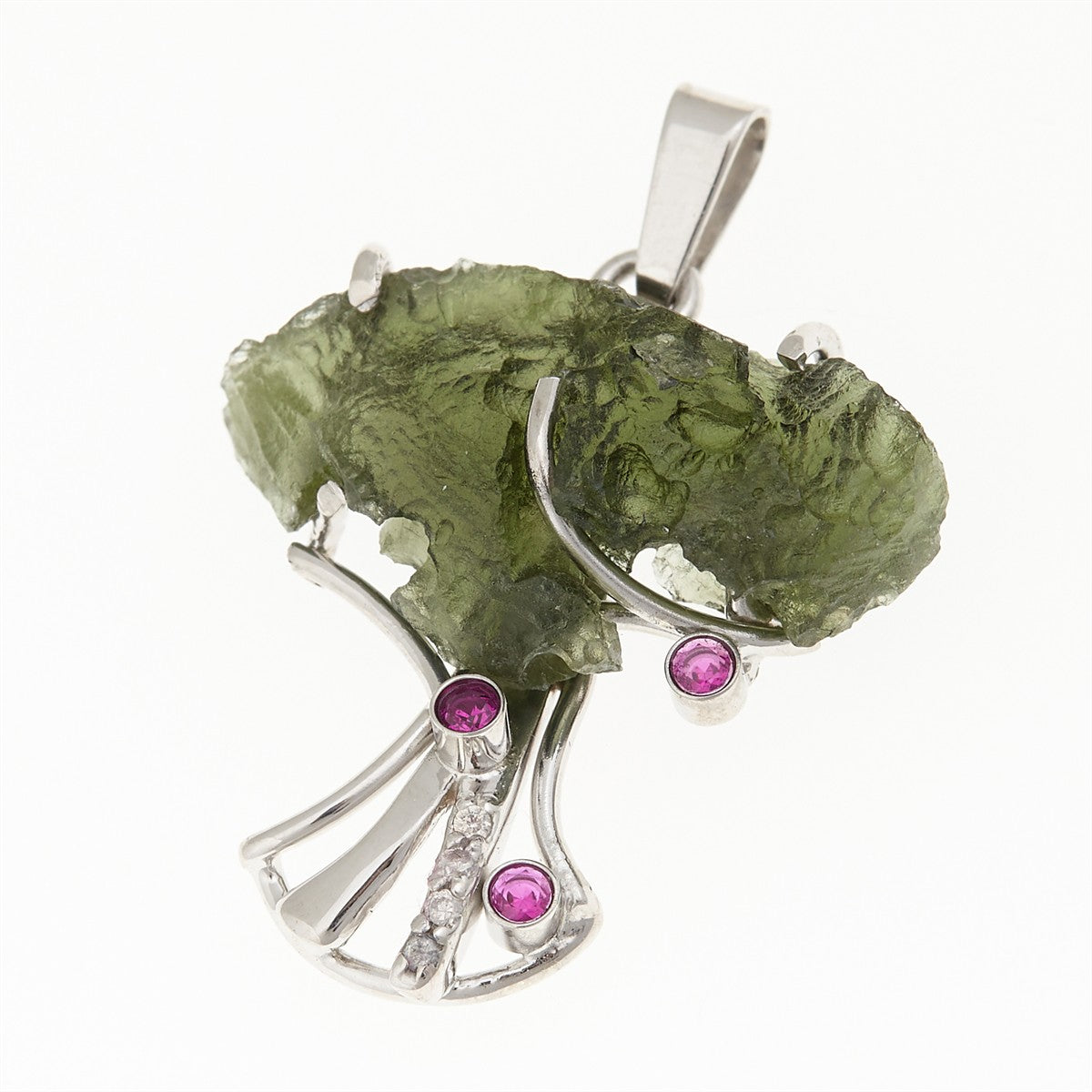 Silver pendant with moldavite and zircons – Tree of life 9598