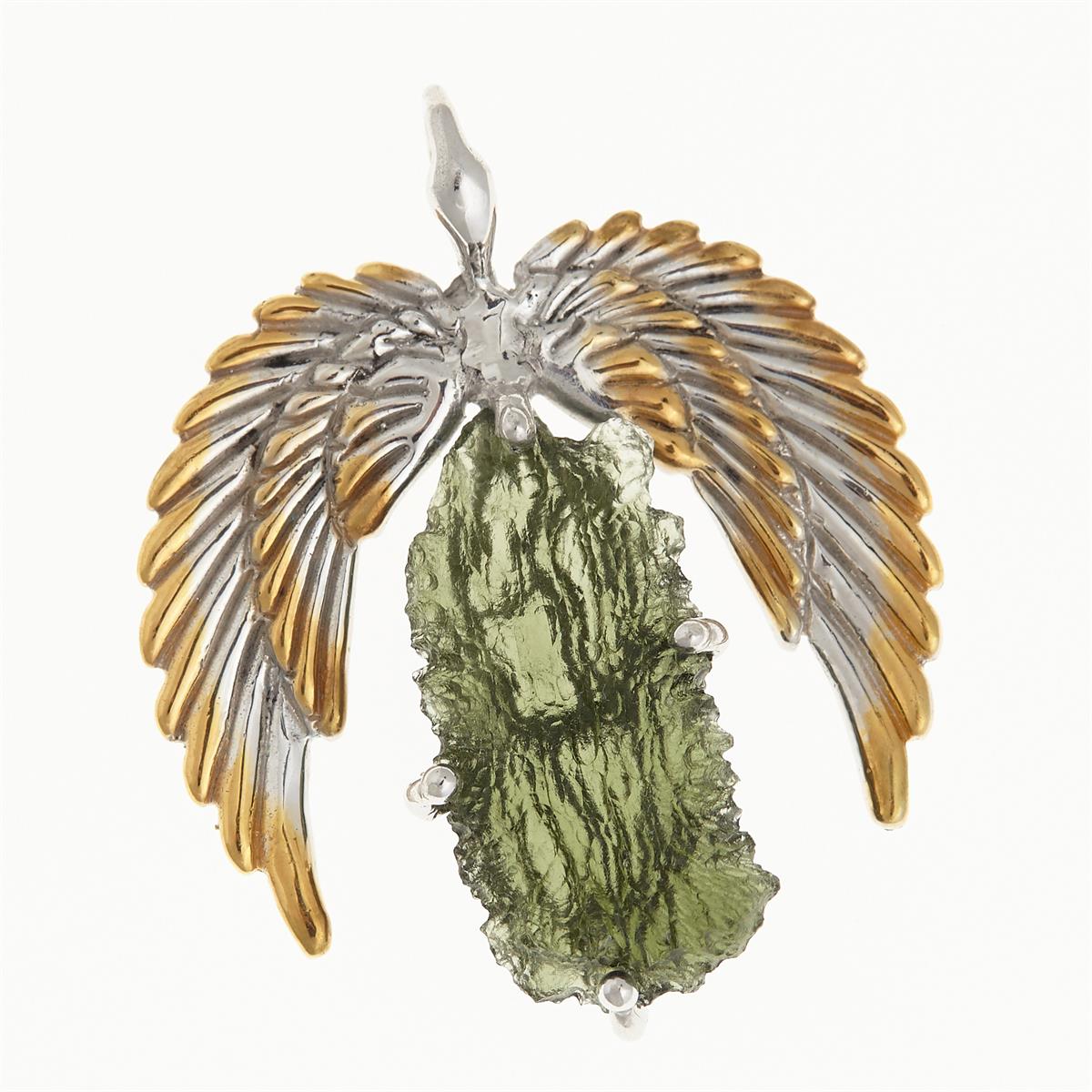 Silver pendant with moldavite - wings - 10644