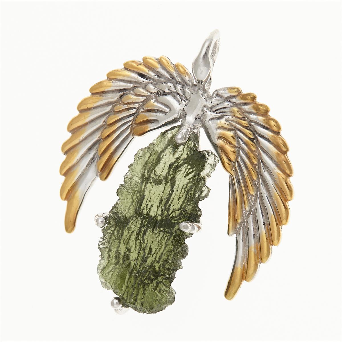 Silver pendant with moldavite - wings - 10644