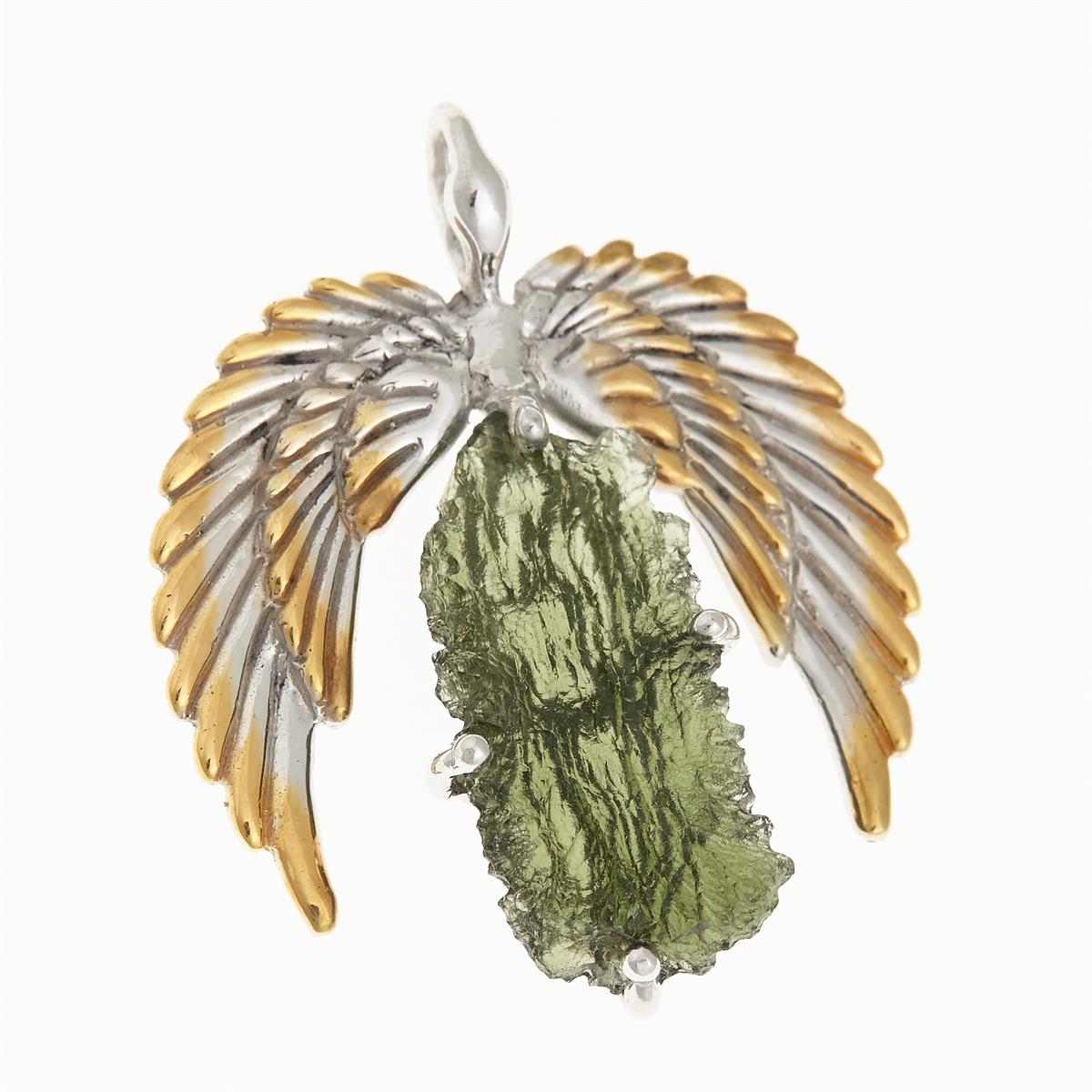 Silver pendant with moldavite - wings - 10644