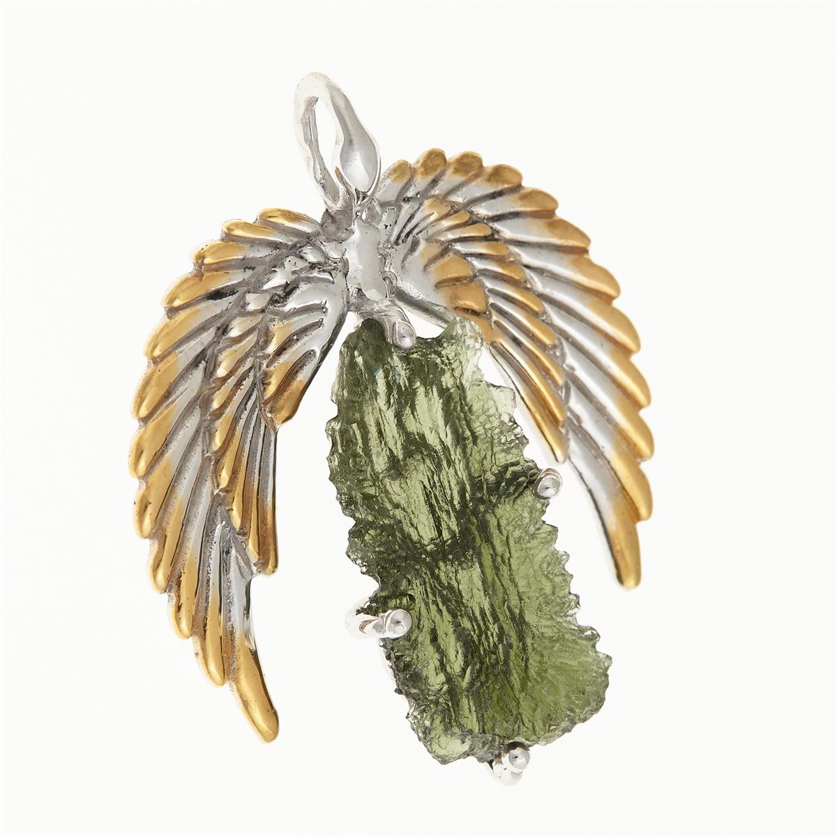 Silver pendant with moldavite - wings - 10644