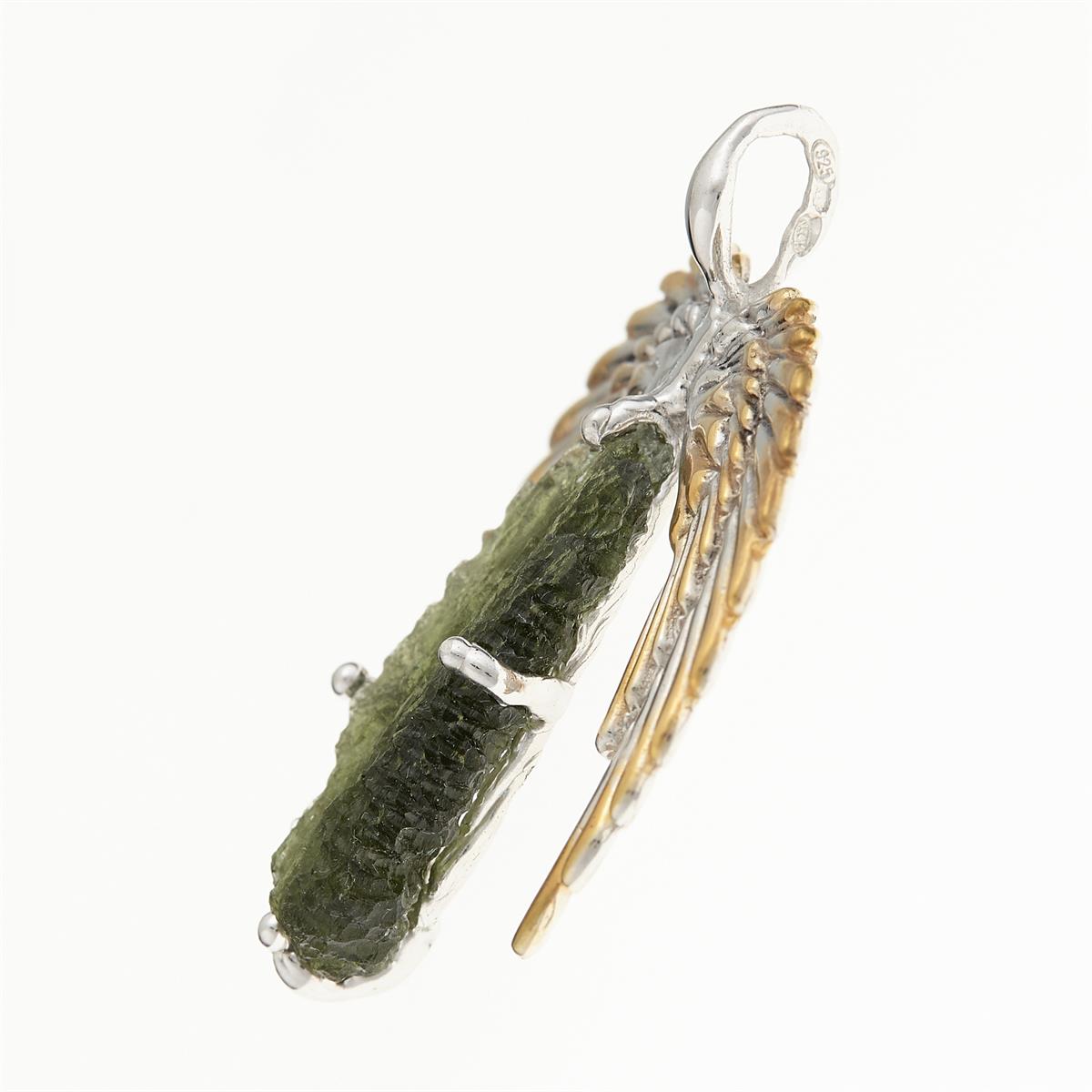 Silver pendant with moldavite - wings - 10644