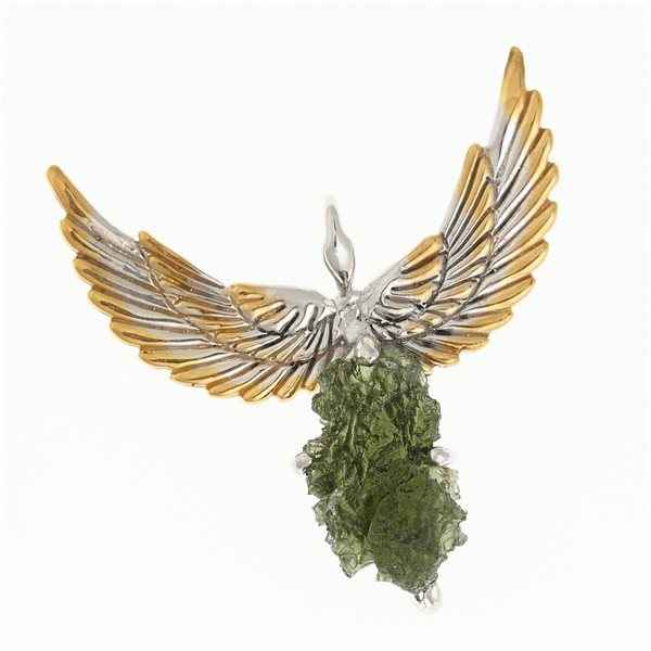 Silver pendant with moldavite - wings - 10664