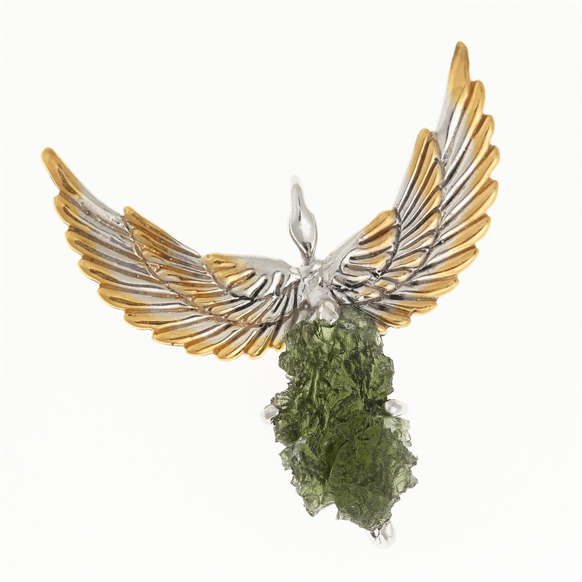 Silver pendant with moldavite - wings - 10664