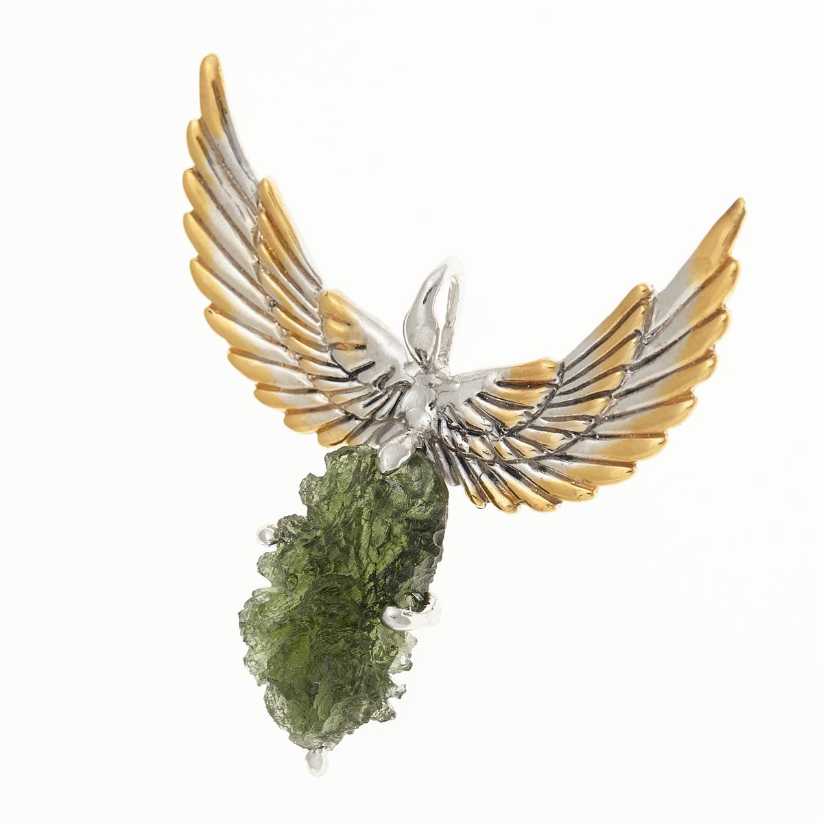 Silver pendant with moldavite - wings - 10664