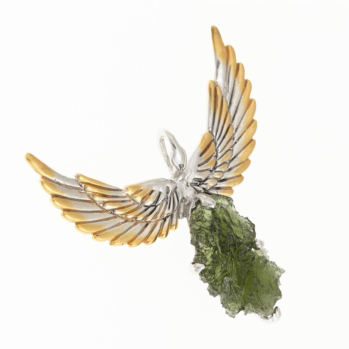 Silver pendant with moldavite - wings - 10664