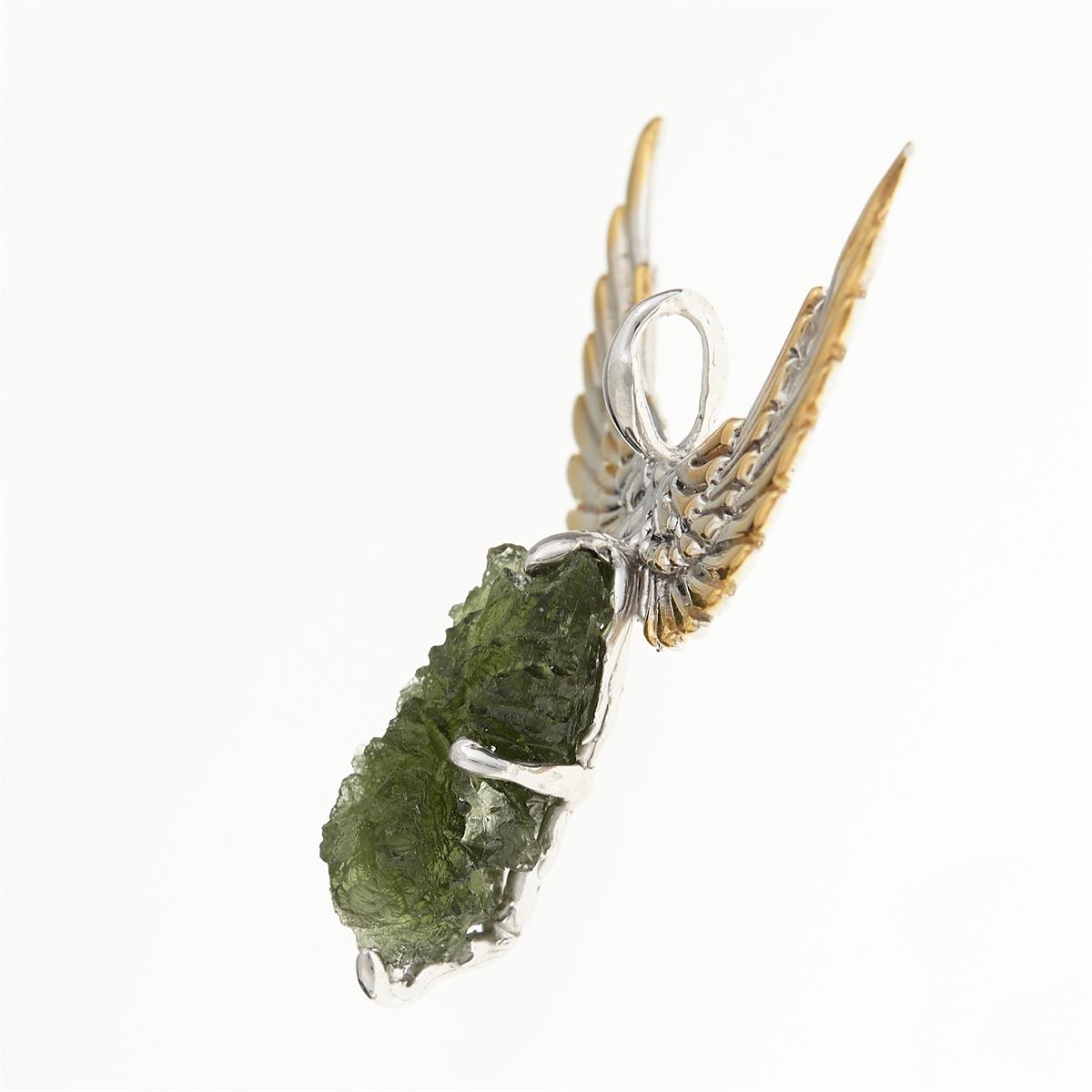 Silver pendant with moldavite - wings - 10664