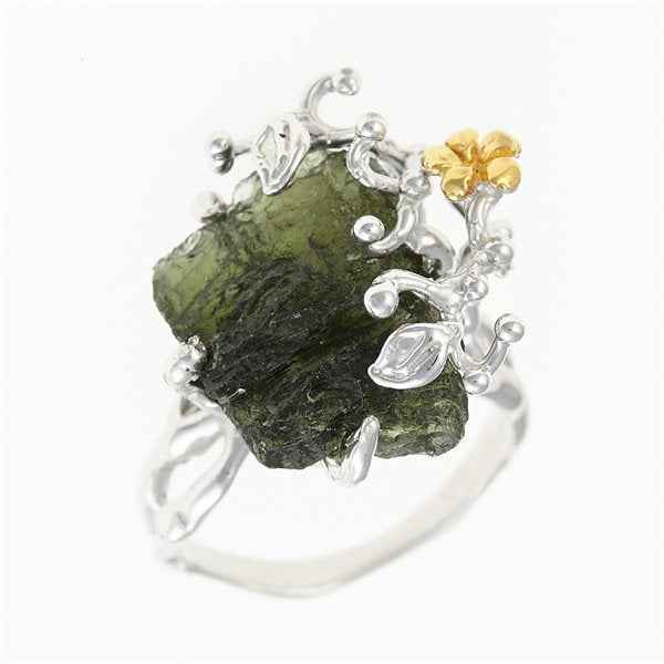 Silver ring with natural moldavite 11438