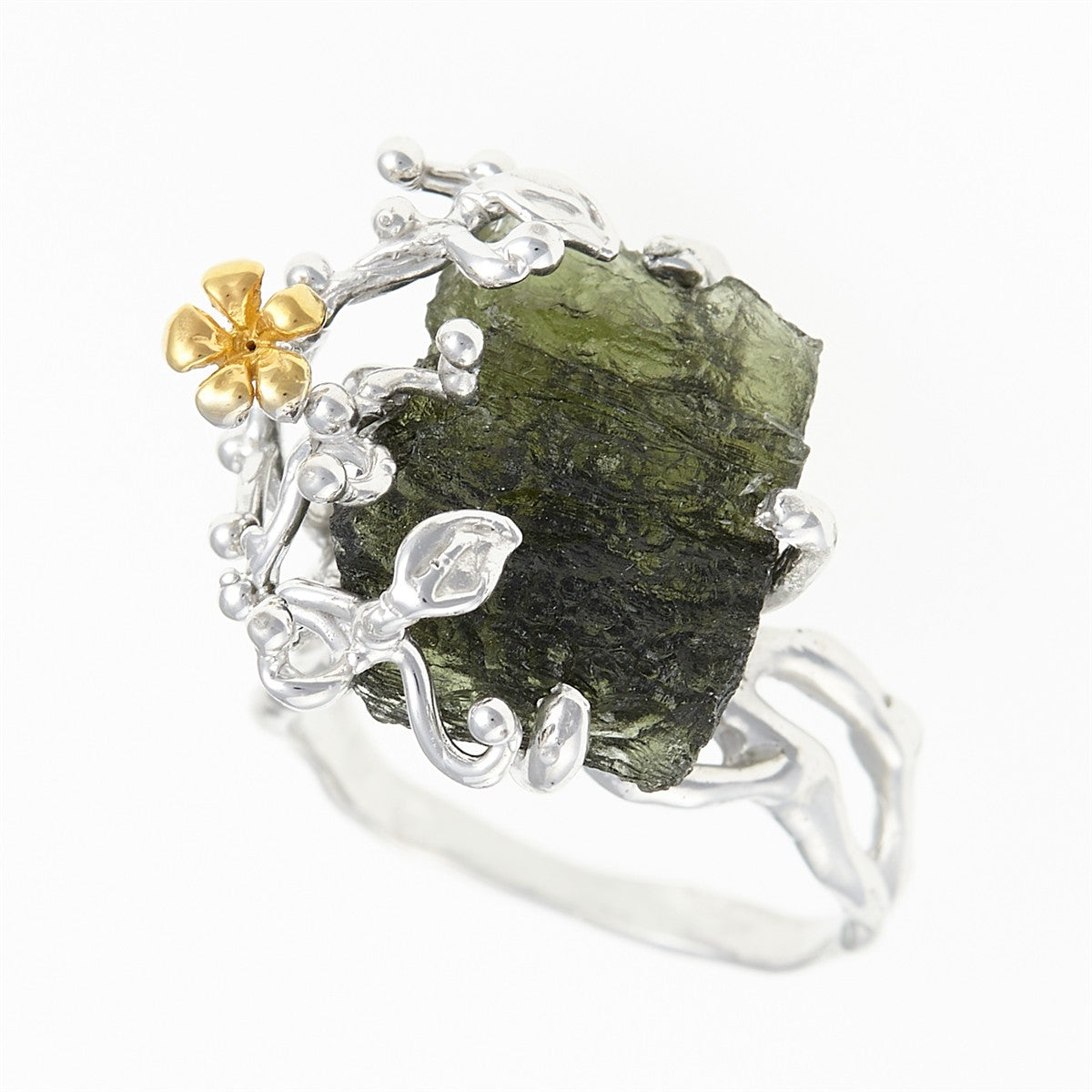 Silver ring with natural moldavite 11438