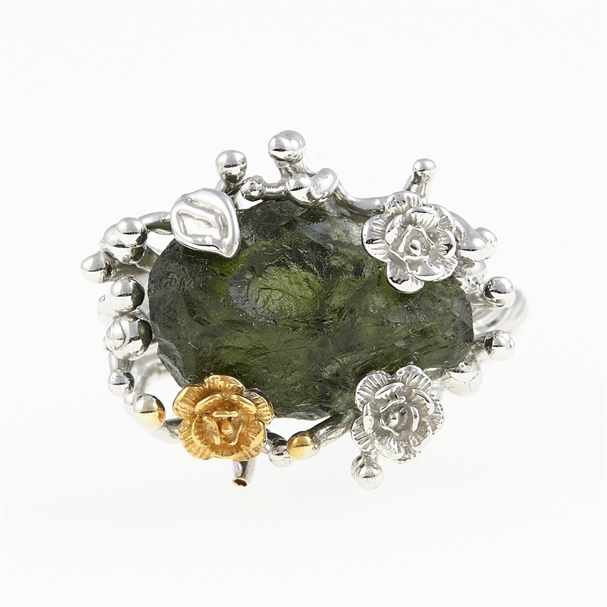 Silver ring with natural moldavite 11440