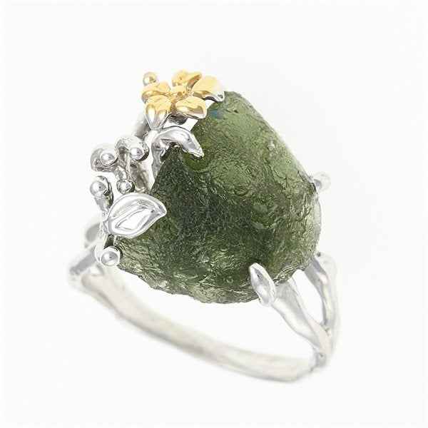 Silver ring with natural moldavite 11441
