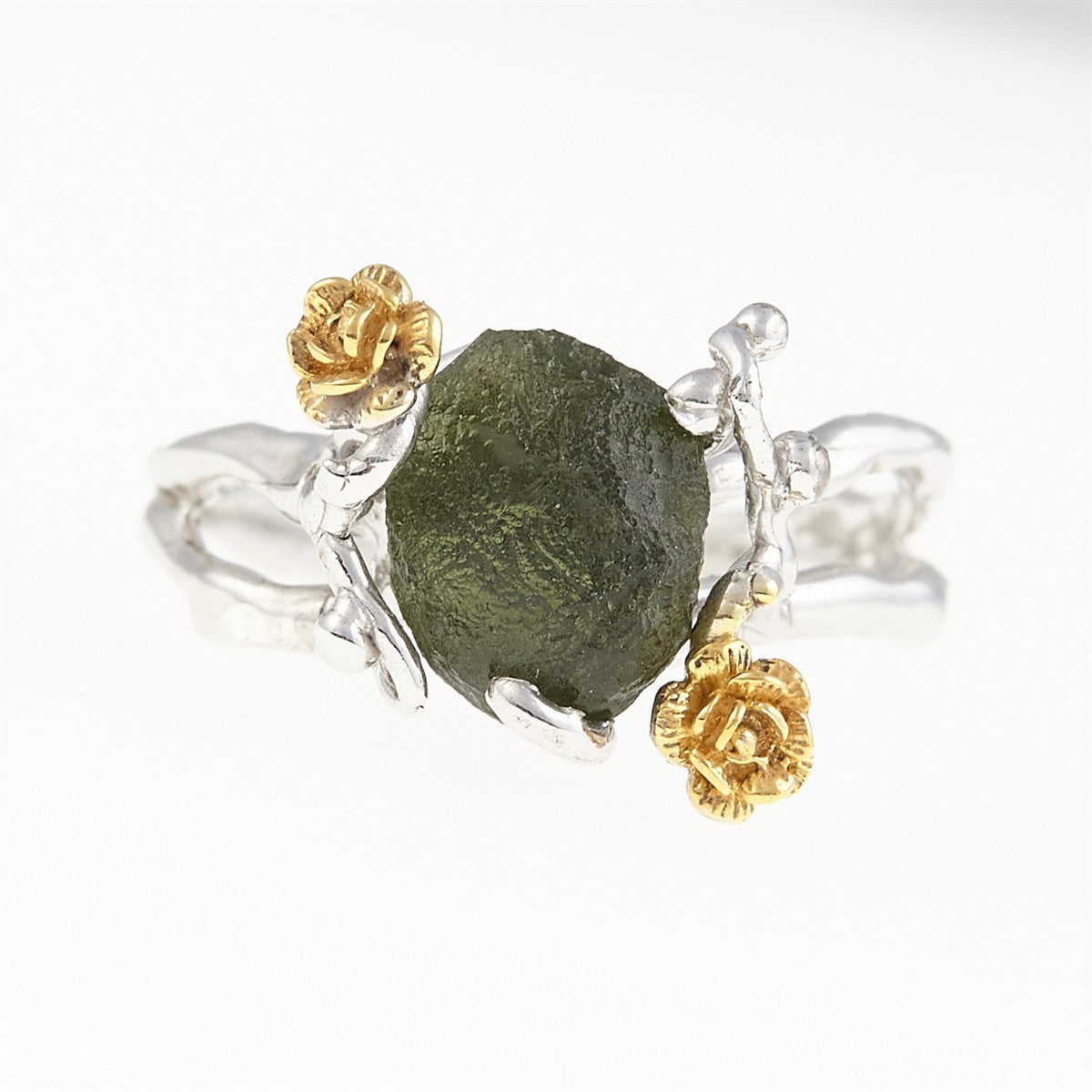 Silver ring with natural moldavite 24-003